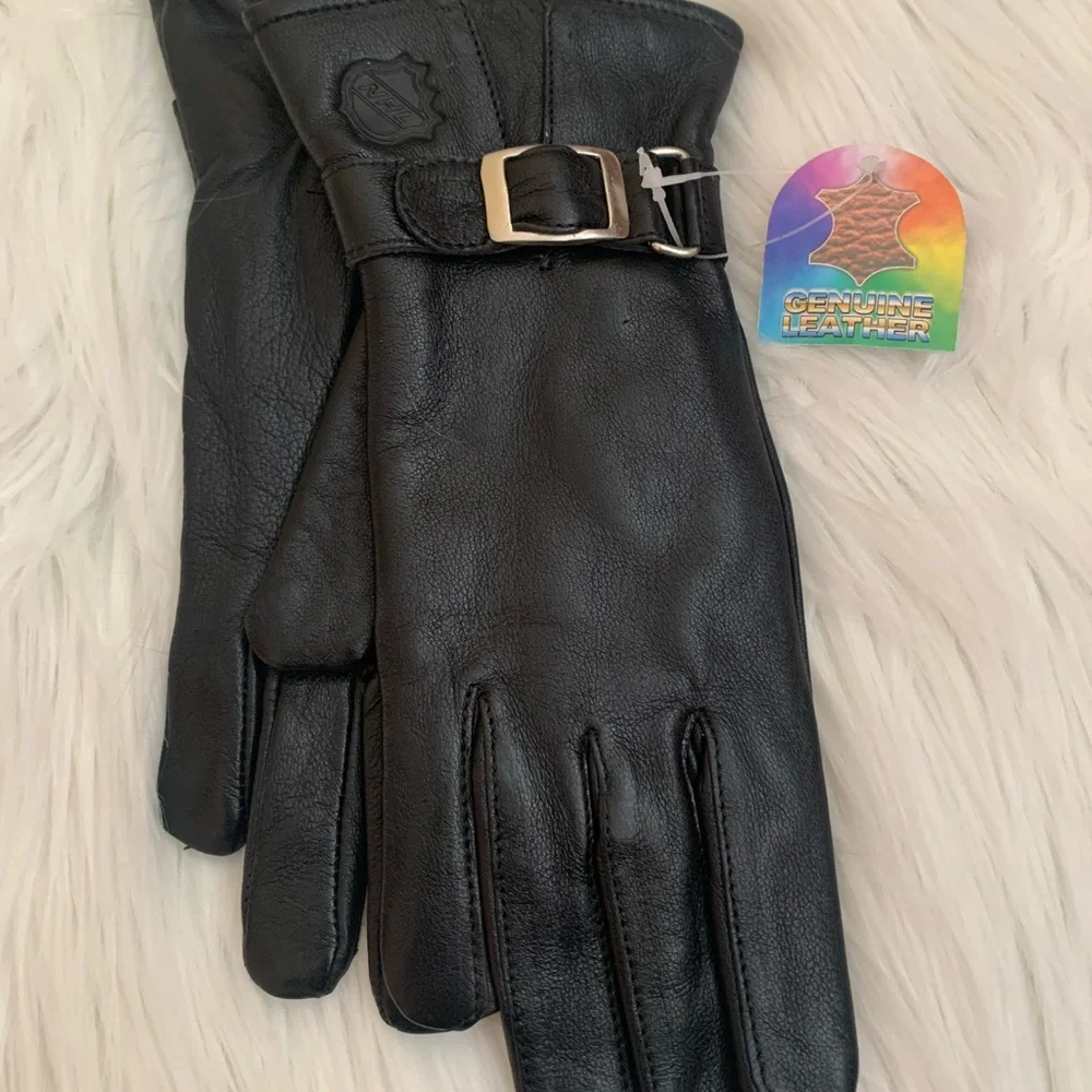 Ladies, black, genuine, leather buckle gloves, size small with NHL Logo NWT